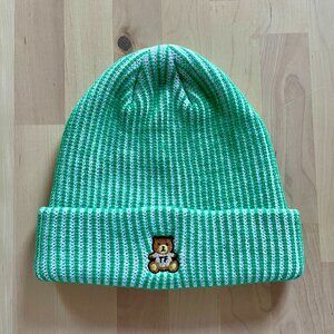 Teddy Fresh Unisex White & Green Vertical Striped Beanie One Size